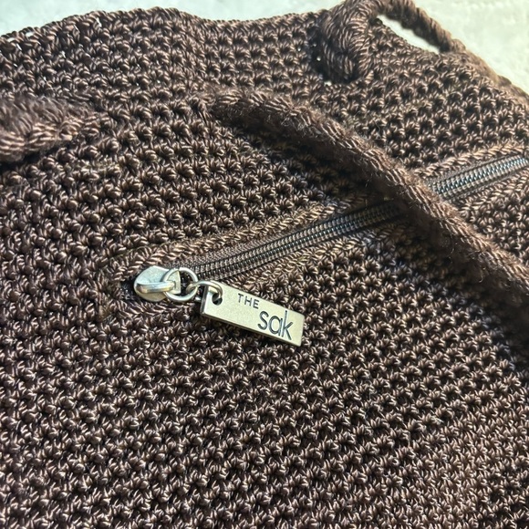 The Sak OMG Mini Backpack Chocolate Brown Crochet Knit Drawstring Pockets Boho main image 15